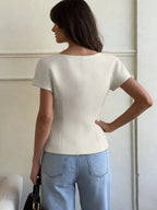 V-Neck Short Sleeve Double-Breasted Front Closure Blouse shein