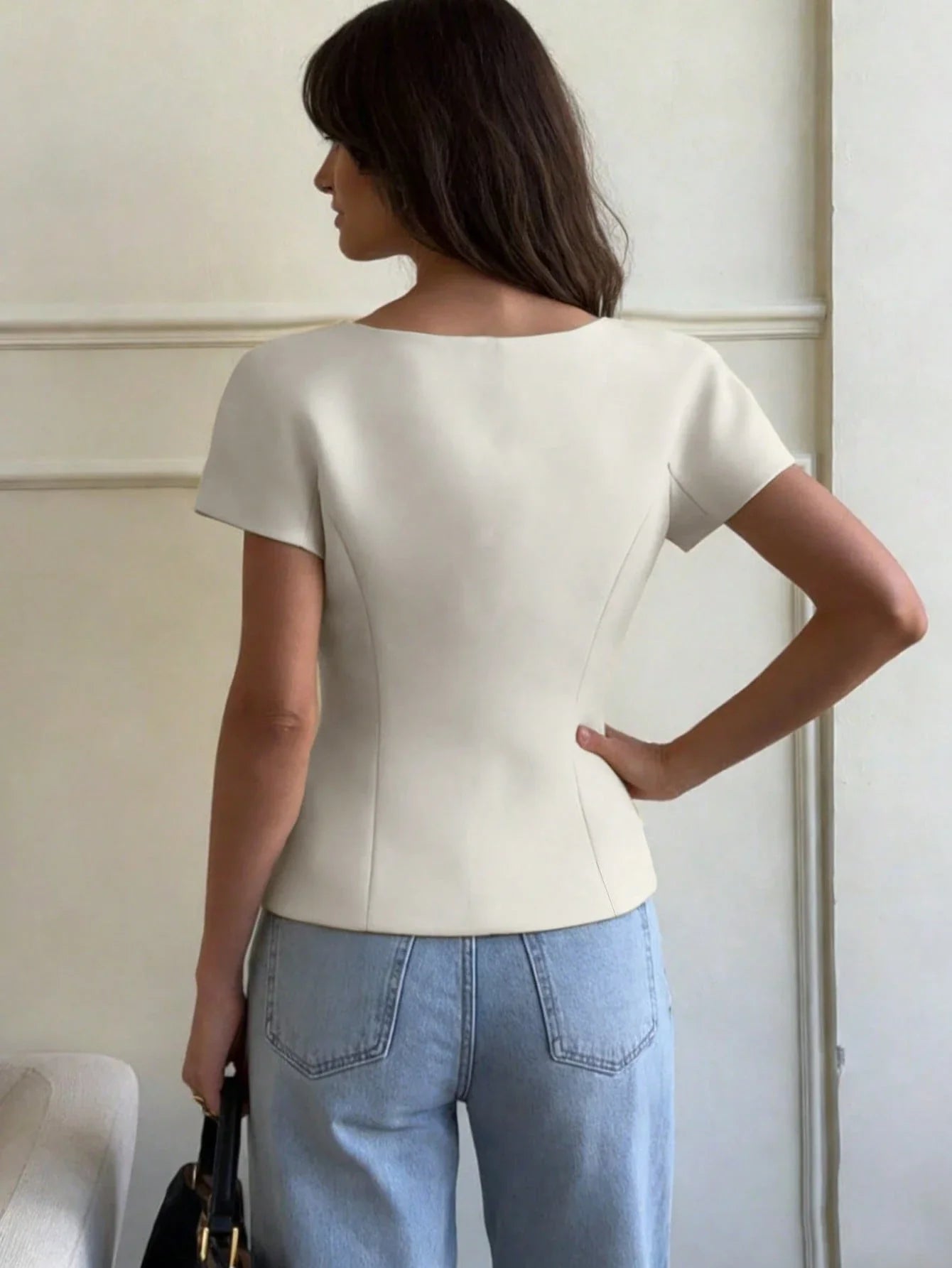 V-Neck Short Sleeve Double-Breasted Front Closure Blouse shein