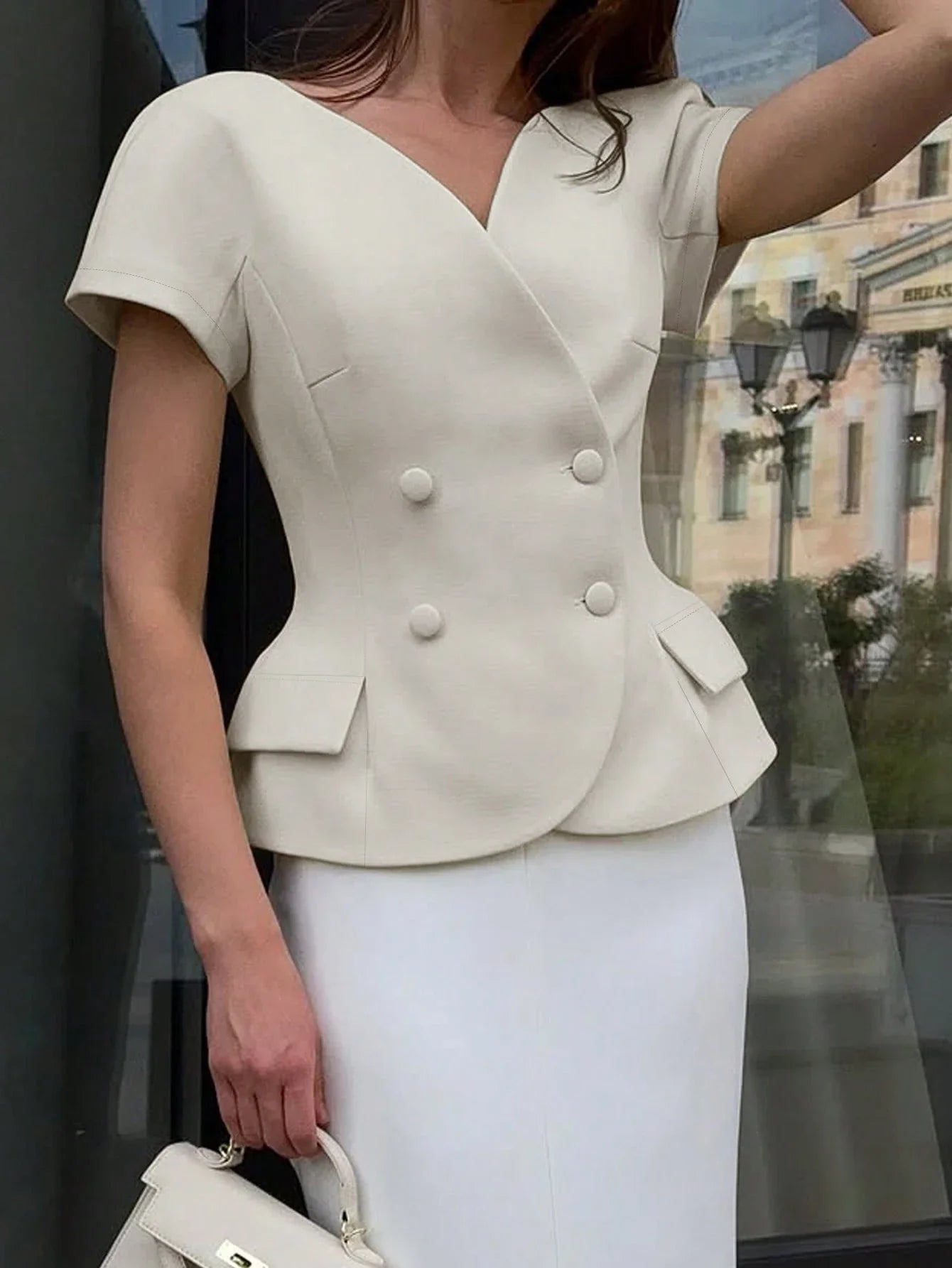 V-Neck Short Sleeve Double-Breasted Front Closure Blouse shein