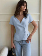 V-Neck Short Sleeve Double-Breasted Front Closure Blouse shein