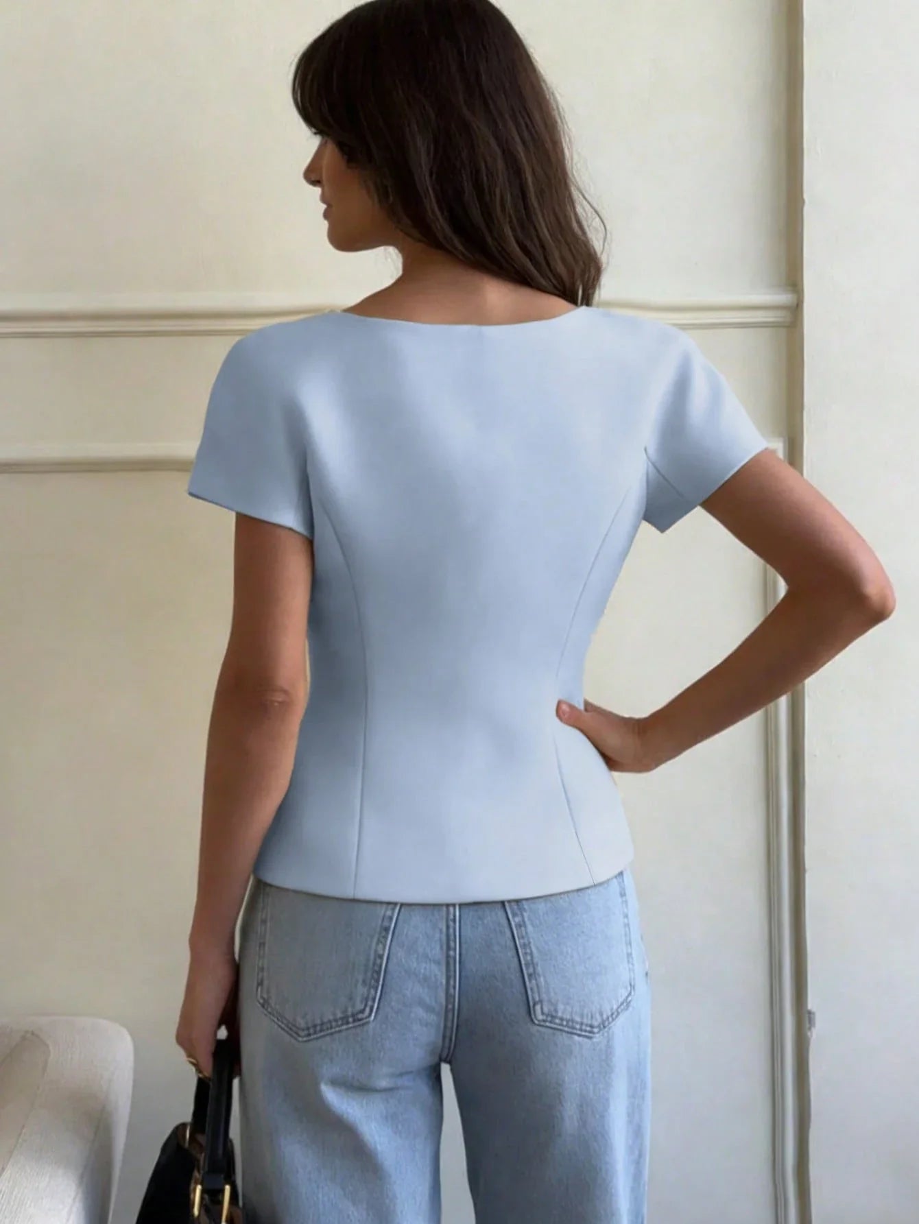V-Neck Short Sleeve Double-Breasted Front Closure Blouse shein