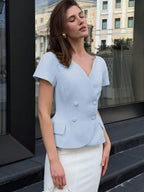 V-Neck Short Sleeve Double-Breasted Front Closure Blouse shein