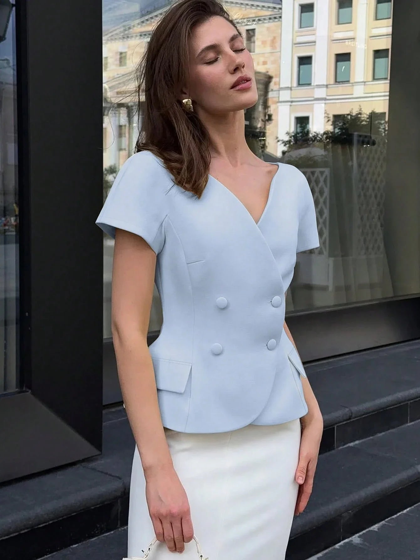V-Neck Short Sleeve Double-Breasted Front Closure Blouse shein