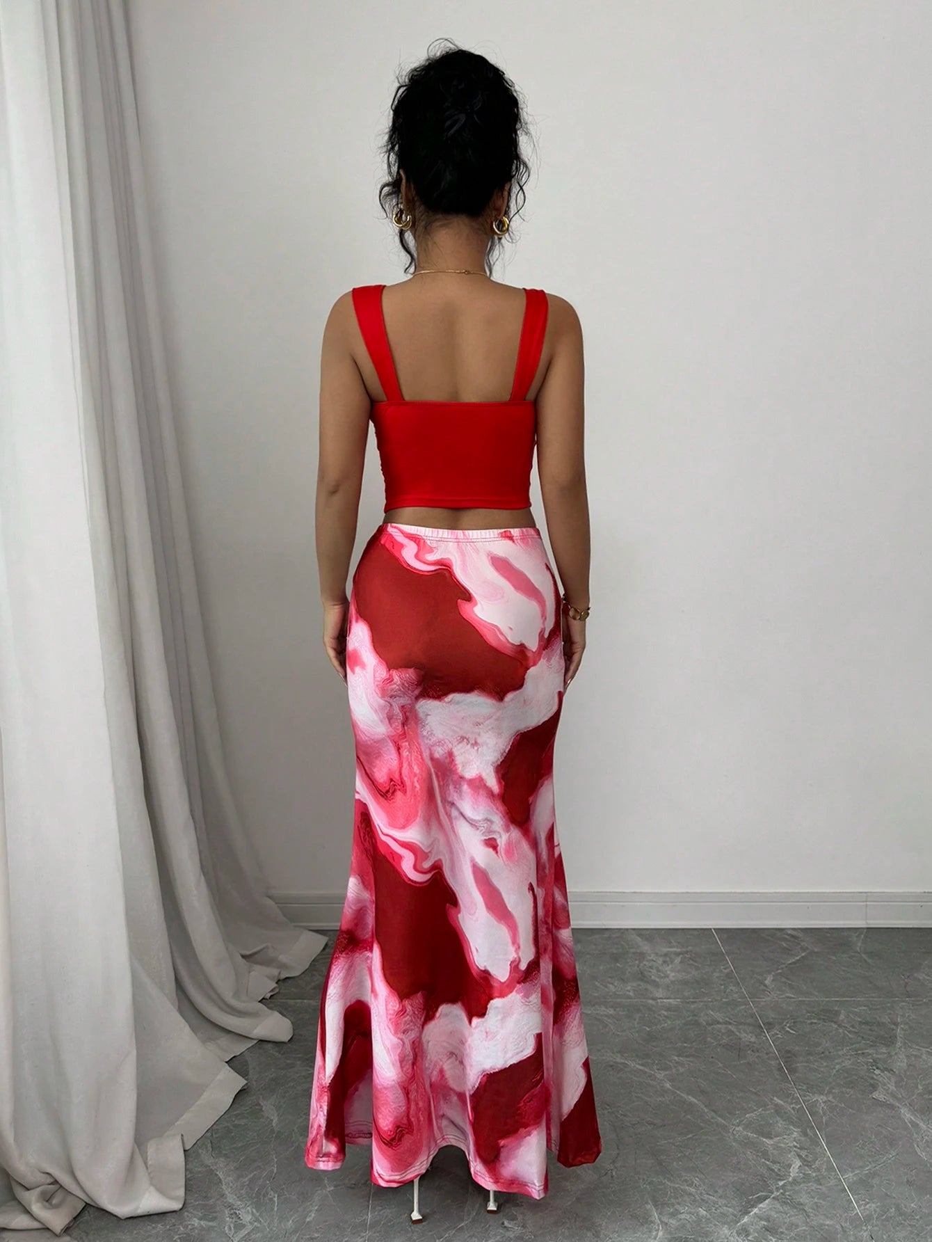 Elenzga Romantic Tie Dye Print Ruffle Collar Tank Top And Skirt