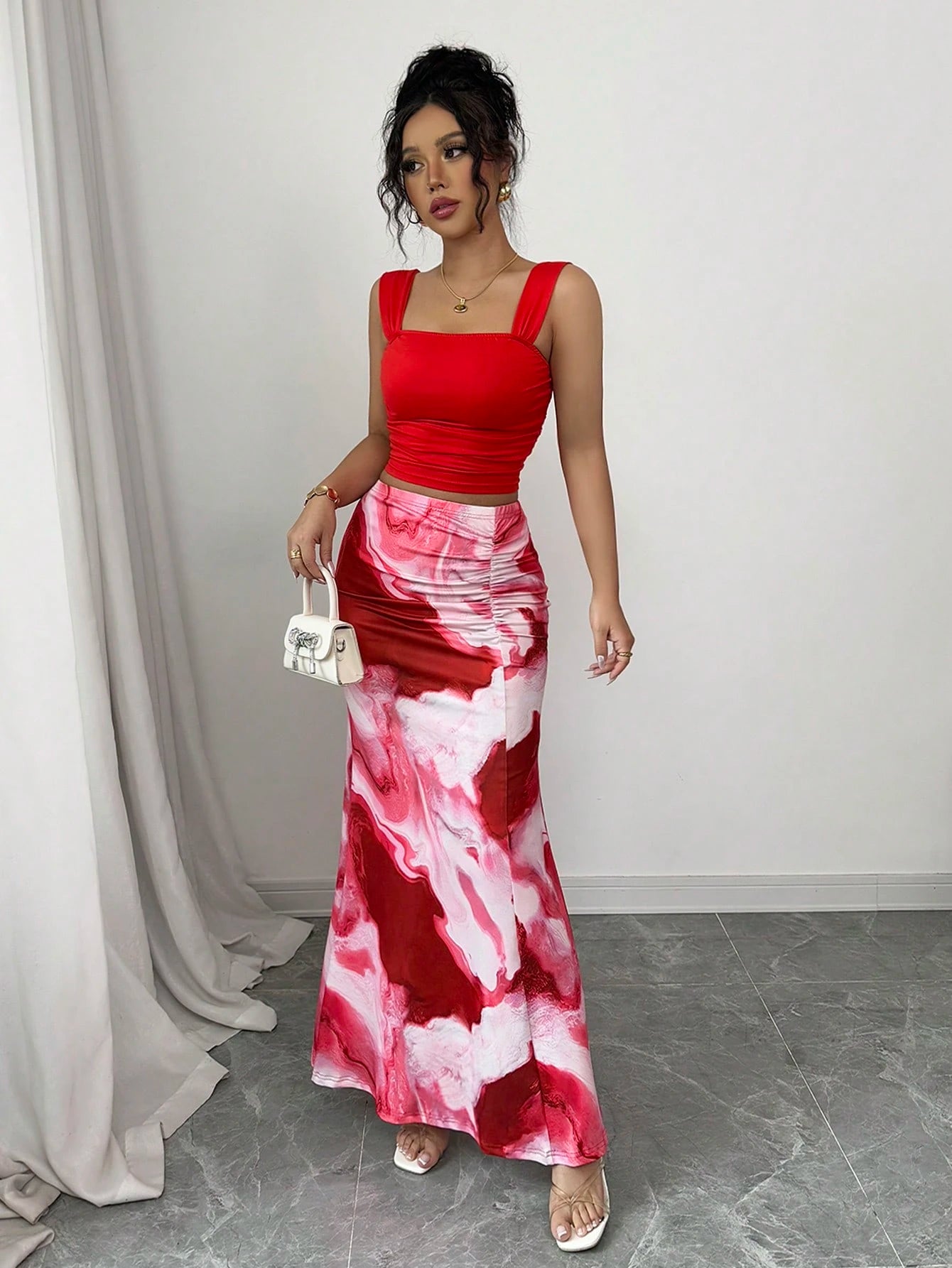 Elenzga Romantic Tie Dye Print Ruffle Collar Tank Top And Skirt