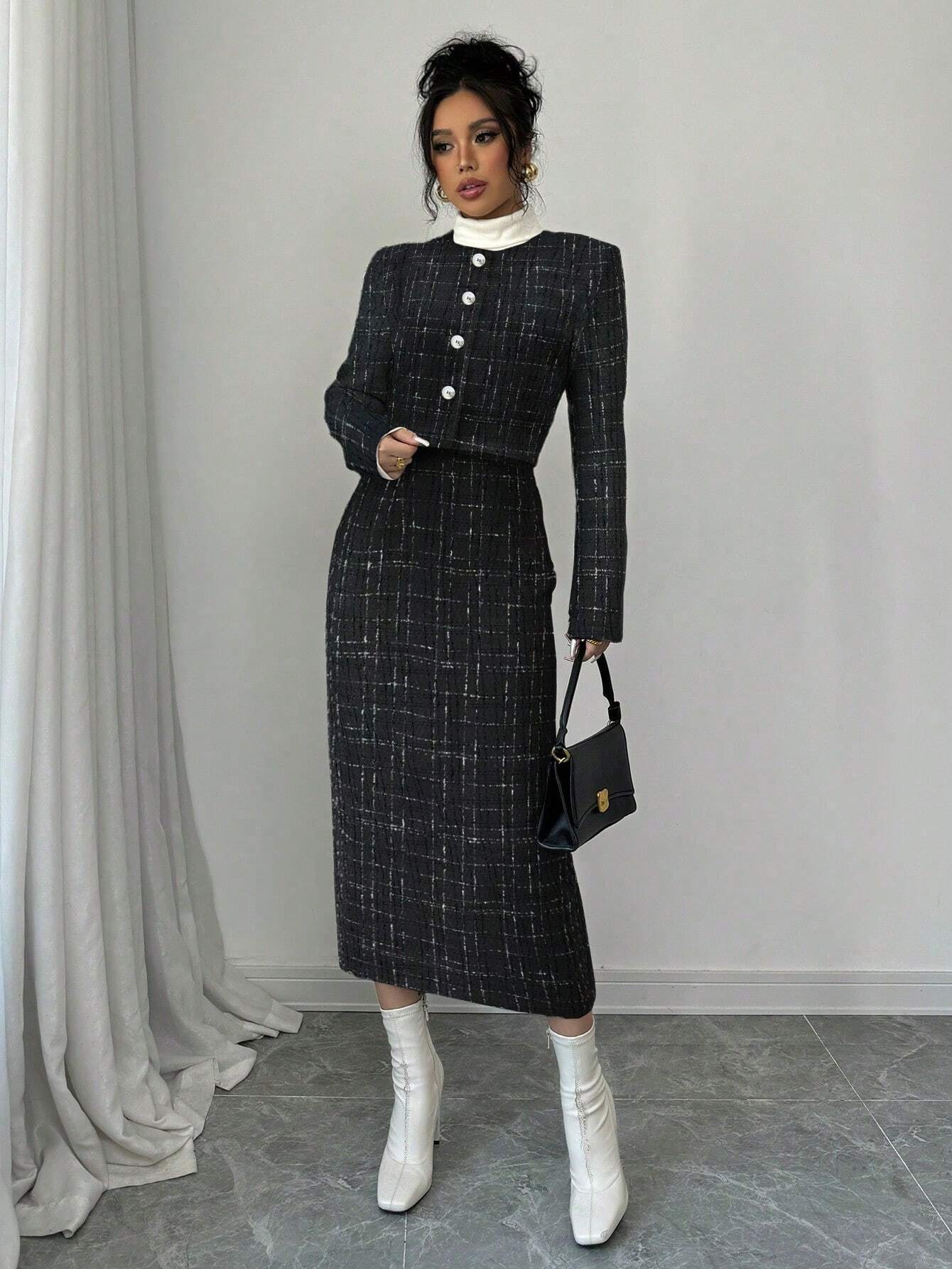 Selianne Elegant Plaid Short Jacket And Mini Skirt