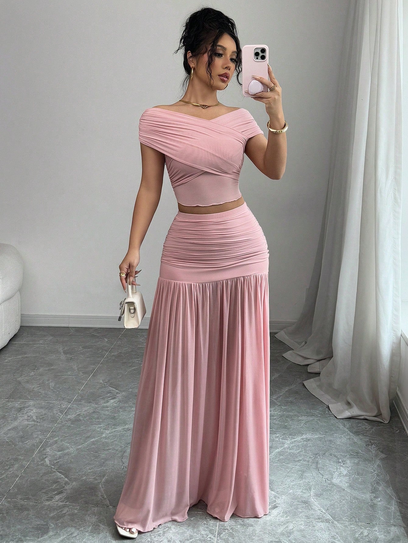2pcs/Set Women Solid Color Fitted Simple Top And Skirt shein