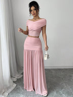 Women Solid Color Fitted Simple Top And Skirt shein