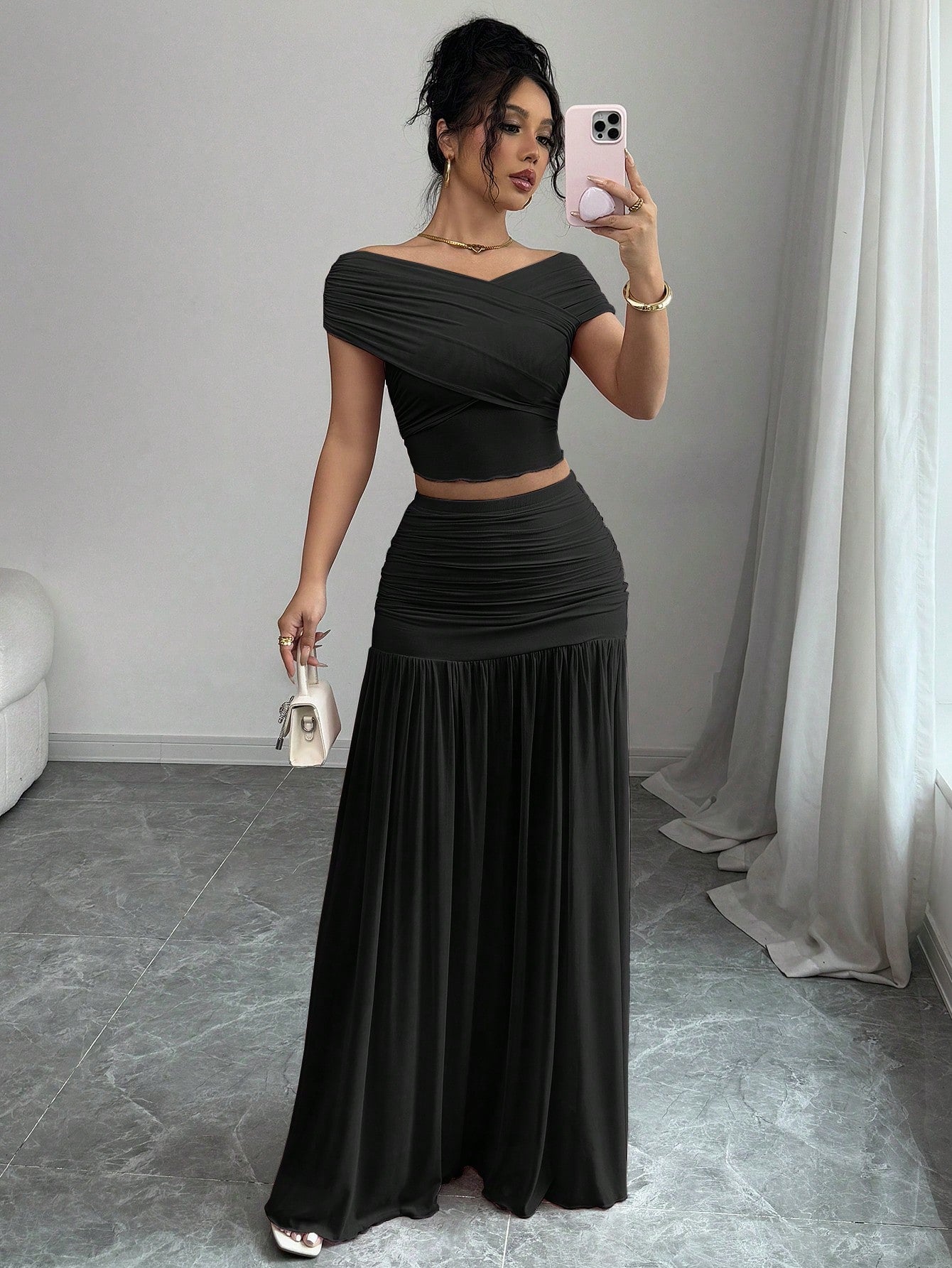 Women Solid Color Fitted Simple Top And Skirt shein