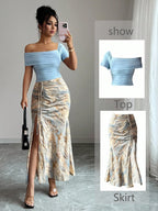 2pcs Women Set: Solid Asymmetrical Neck Pleated Blouse And Tie-Dye Side Slit A-Line Skirt shein
