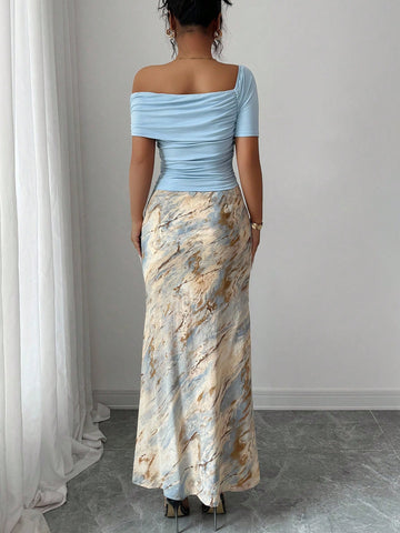2pcs Women Set: Solid Asymmetrical Neck Pleated Blouse And Tie-Dye Side Slit A-Line Skirt