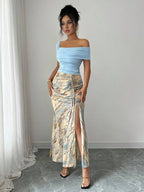 2pcs Women Set: Solid Asymmetrical Neck Pleated Blouse And Tie-Dye Side Slit A-Line Skirt shein
