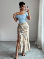 2pcs Women Set: Solid Asymmetrical Neck Pleated Blouse And Tie-Dye Side Slit A-Line Skirt shein