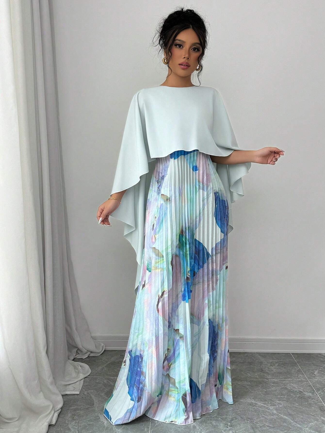 Elegant Romantic Print Patchwork Pleated Hem Dress shein