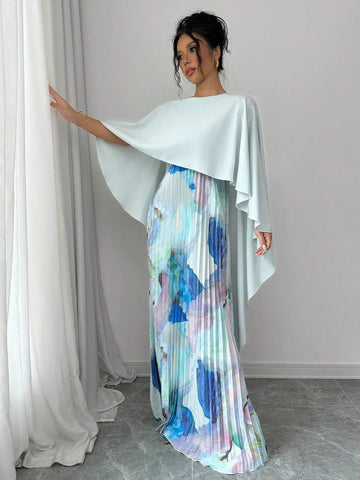 Elegant Romantic Print Patchwork Pleated Hem Dress