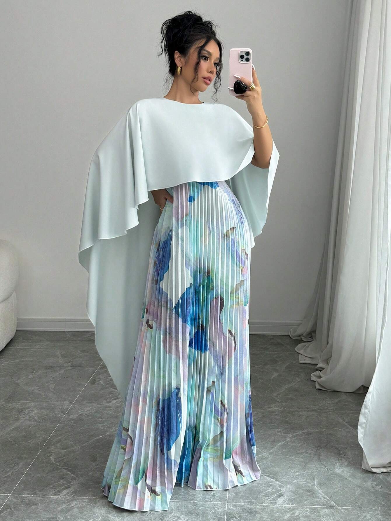 Elegant Romantic Print Patchwork Pleated Hem Dress shein