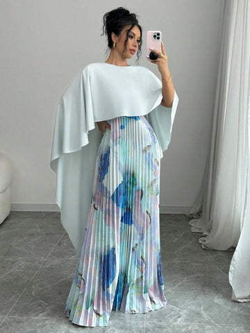 Elegant Romantic Print Patchwork Pleated Hem Dress