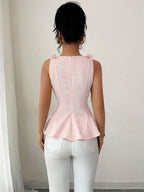 Elenzga New Woven Texture Floral Print Women's Vest With Bowknot Shoulder Strap shein