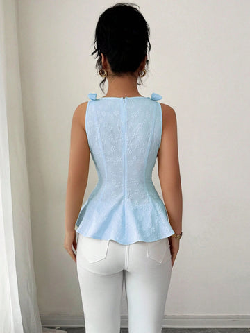 Elenzga New Woven Texture Floral Print Women's Vest With Bowknot Shoulder Strap
