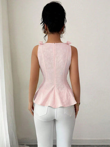 Elenzga New Woven Texture Floral Print Women's Vest With Bowknot Shoulder Strap