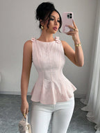 Elenzga New Woven Texture Floral Print Women's Vest With Bowknot Shoulder Strap shein