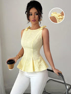 Elenzga New Woven Texture Floral Print Women's Vest With Bowknot Shoulder Strap shein