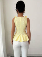 Elenzga New Woven Texture Floral Print Women's Vest With Bowknot Shoulder Strap shein