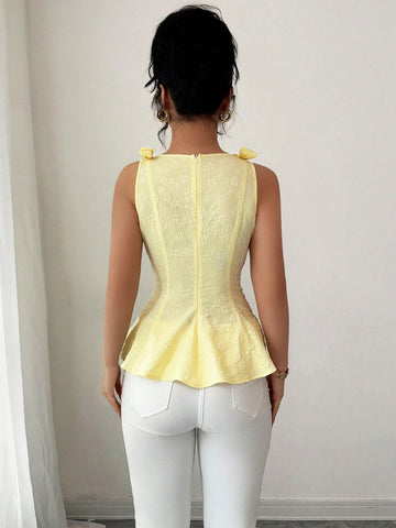 Elenzga New Woven Texture Floral Print Women's Vest With Bowknot Shoulder Strap