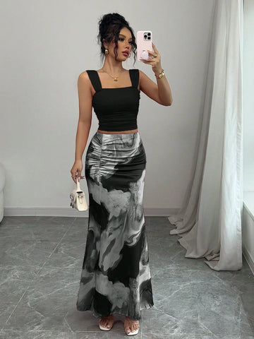 Elenzga Romantic Tie Dye Print Ruffle Collar Tank Top And Skirt