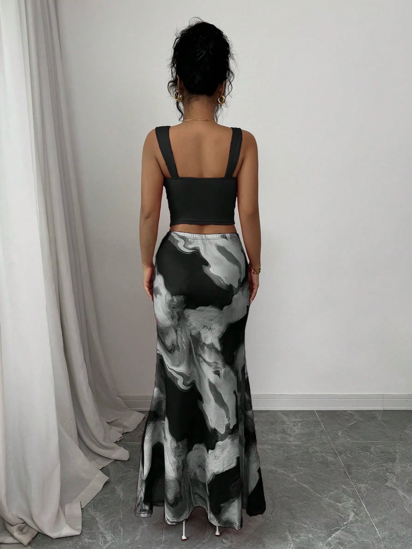 Elenzga Romantic Tie Dye Print Ruffle Collar Tank Top And Skirt