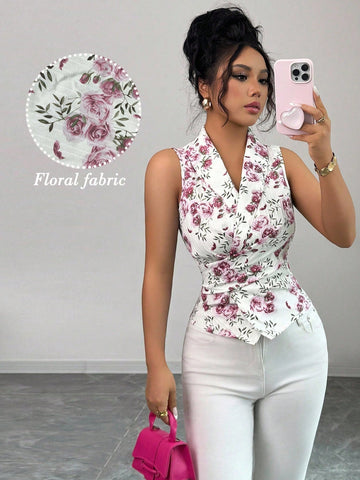 Elenzga Women's Sleeveless V-Neck Tie Waist Bow Elegant Blouse