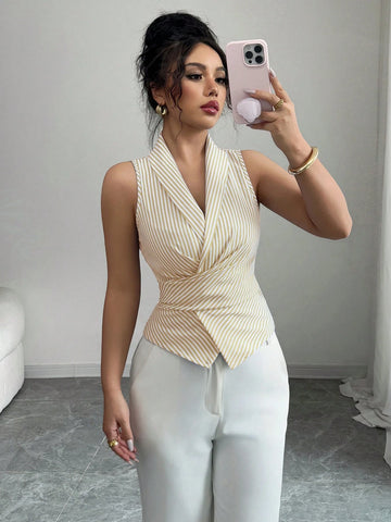 Elenzga Women's Sleeveless V-Neck Tie Waist Bow Elegant Blouse