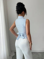 Women's Sleeveless V-Neck Tie Waist Bow Elegant Blouse shein