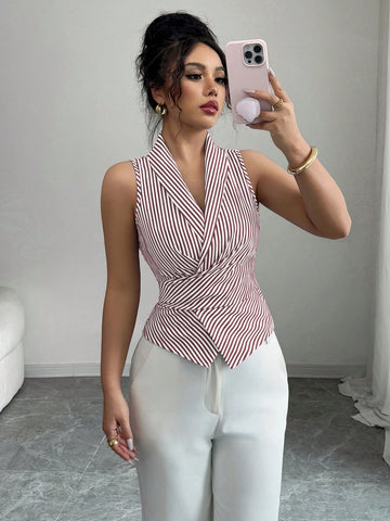 Elenzga Women's Sleeveless V-Neck Tie Waist Bow Elegant Blouse
