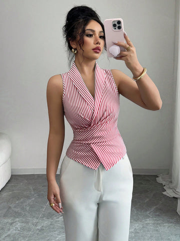 Elenzga Women's Sleeveless V-Neck Tie Waist Bow Elegant Blouse