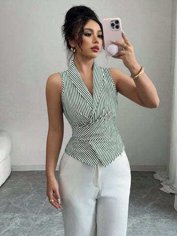 Elenzga Women's Sleeveless V-Neck Tie Waist Bow Elegant Blouse