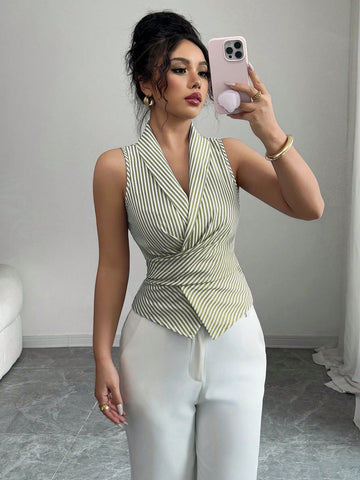 Elenzga Women's Sleeveless V-Neck Tie Waist Bow Elegant Blouse