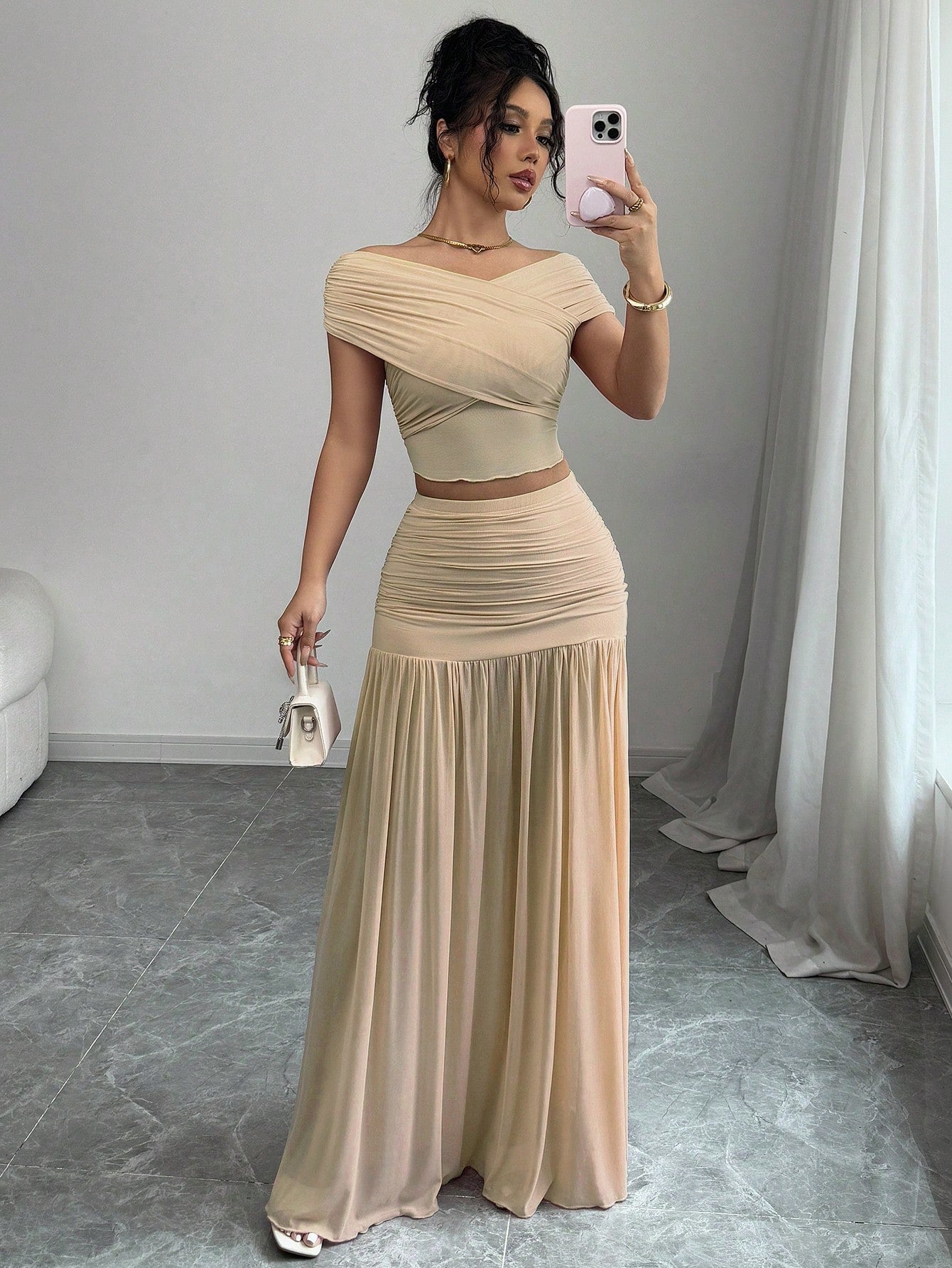Women Solid Color Fitted Simple Top And Skirt shein