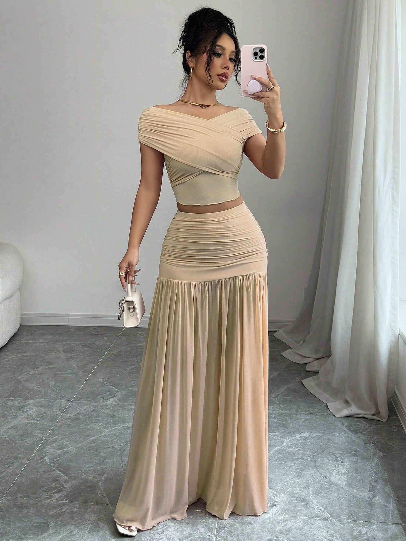 2pcs/Set Women Solid Color Fitted Simple Top And Skirt shein