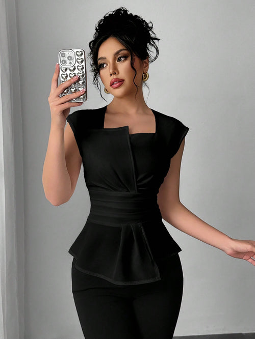 Elenzga Women Casual Office Asymmetrical Collar Sleeveless Blouse shein