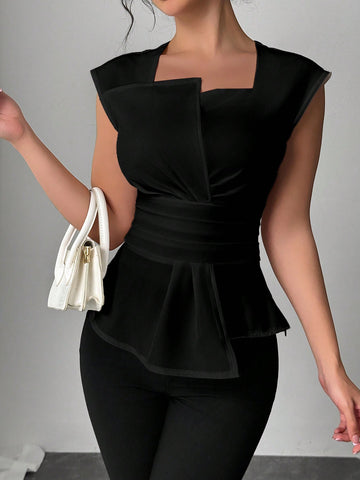Elenzga Women Casual Office Asymmetrical Collar Sleeveless Blouse