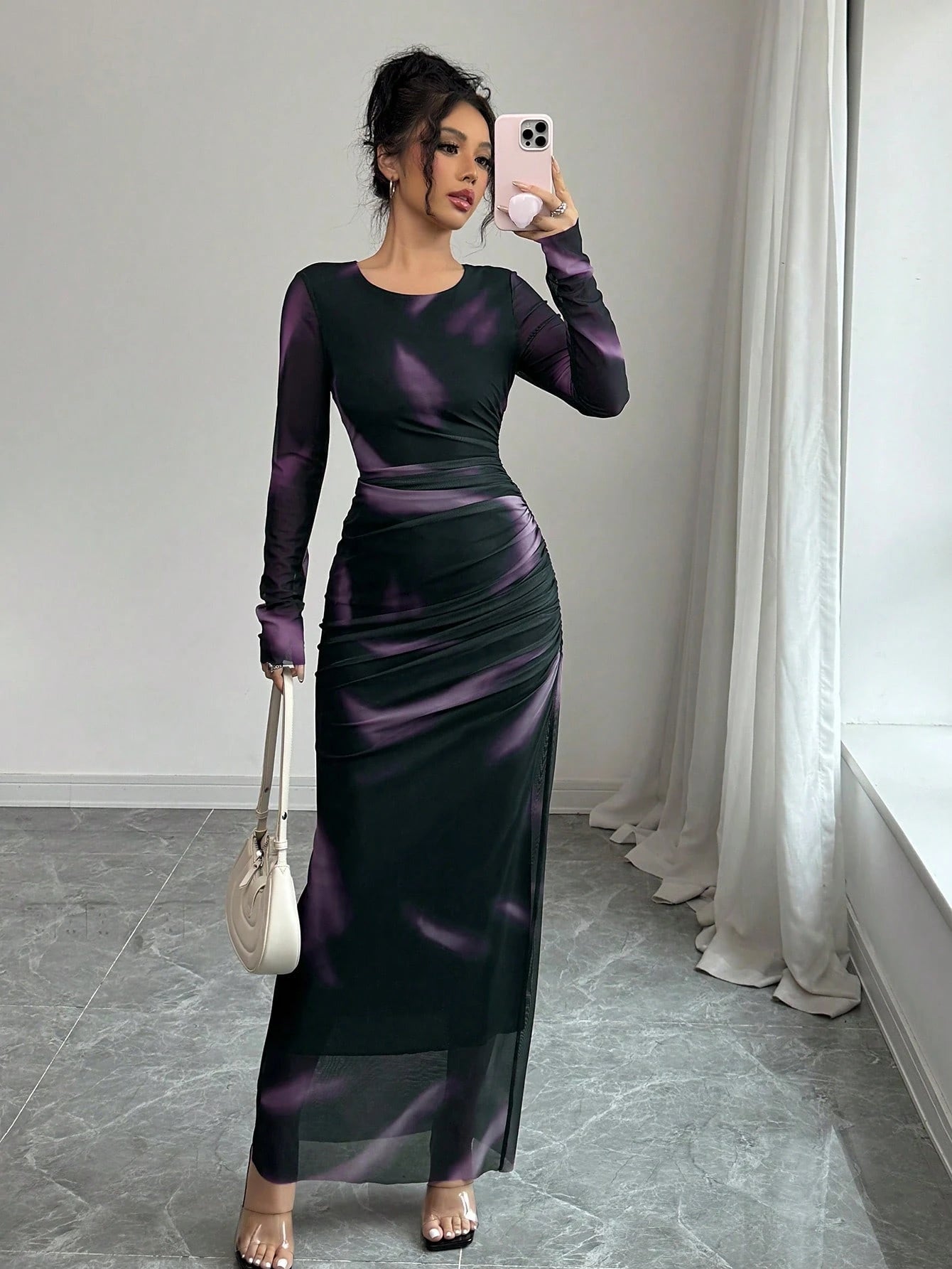 Women's Elegant Elastic Ombre Printed Mesh Ruched Bodycon Maxi Dress shein