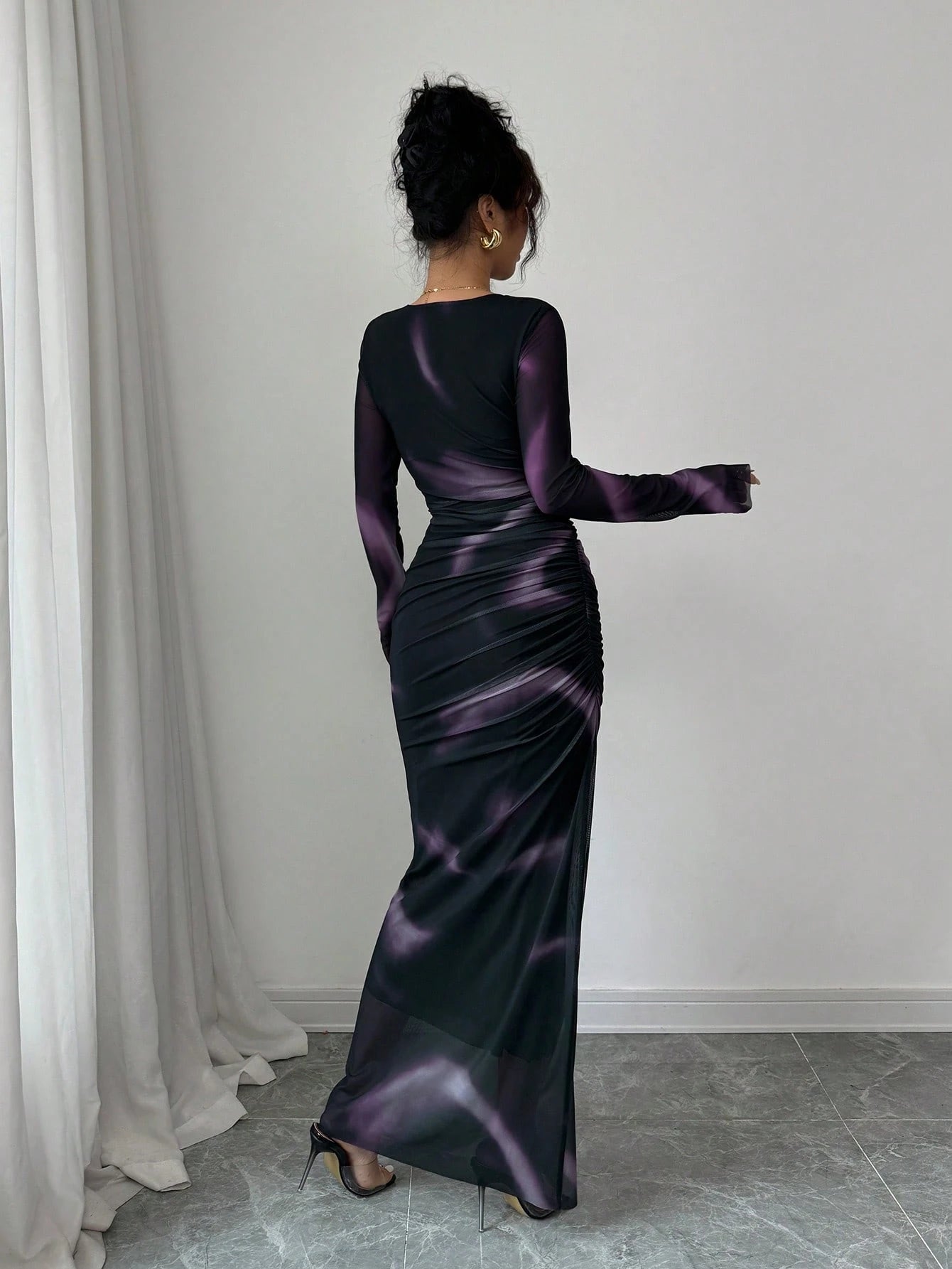 Women's Elegant Elastic Ombre Printed Mesh Ruched Bodycon Maxi Dress shein