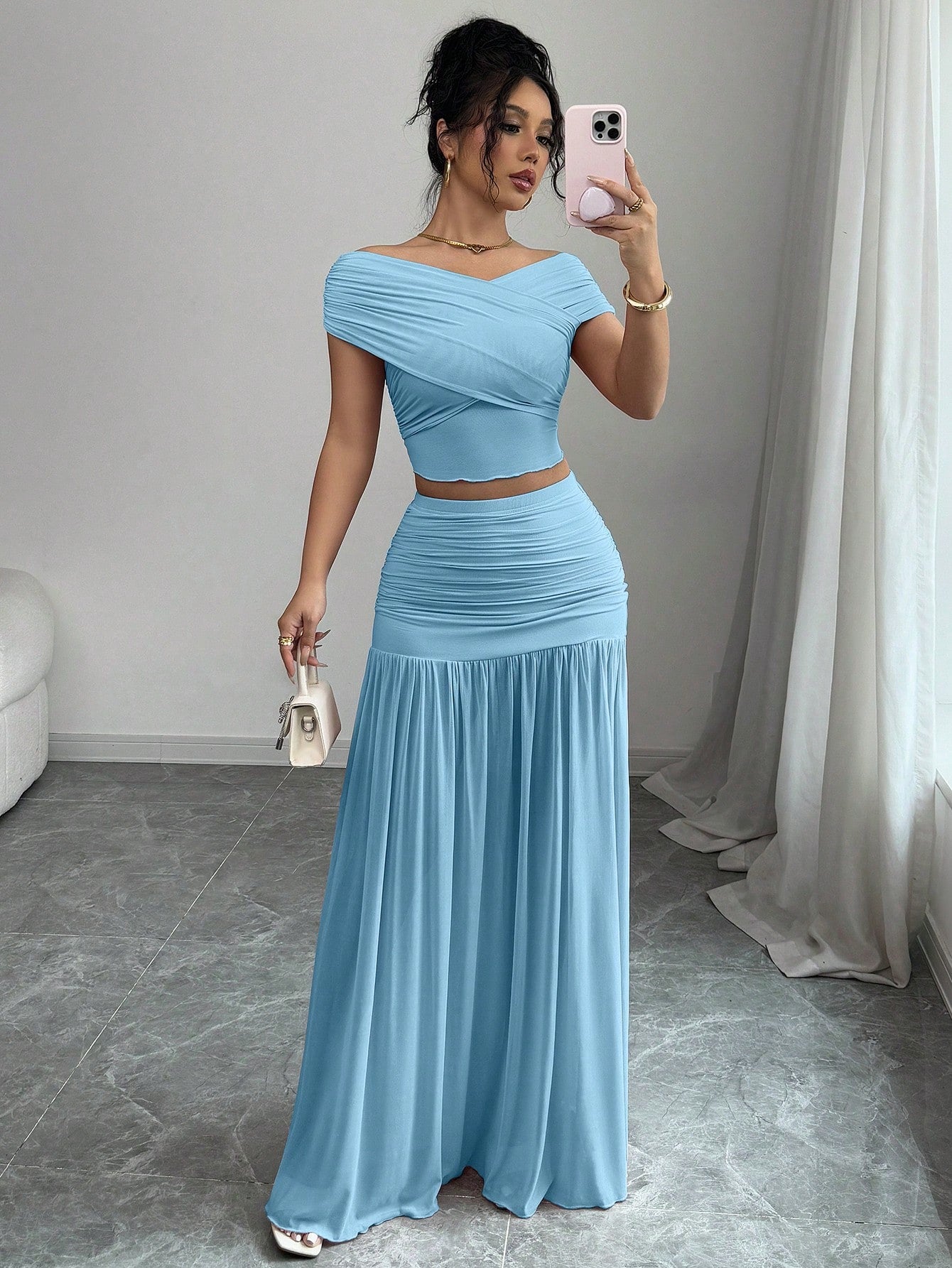 Women Solid Color Fitted Simple Top And Skirt shein