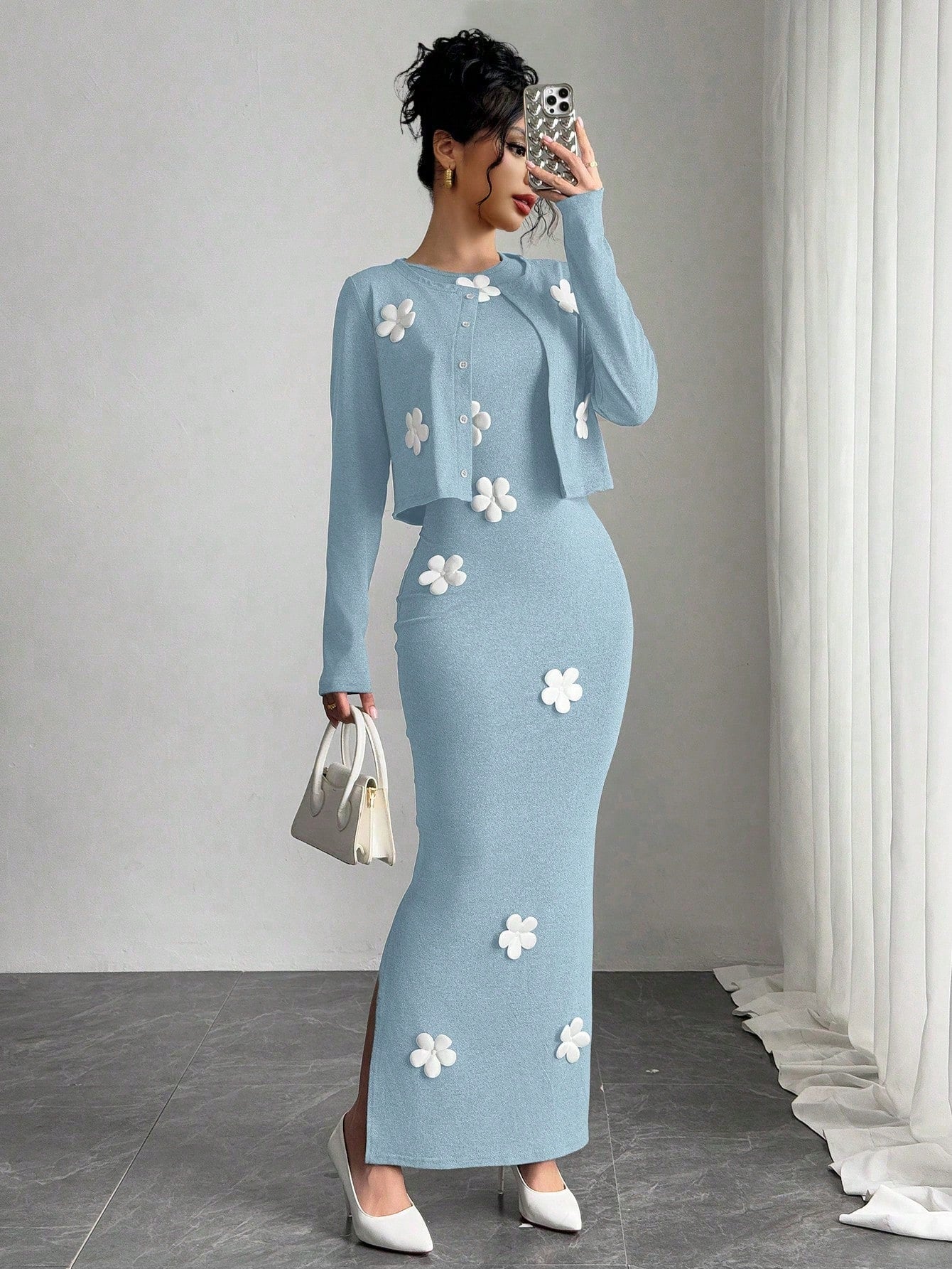 Elenzga Women Elegant Solid Color Jacket & Dress 2 Pieces Set