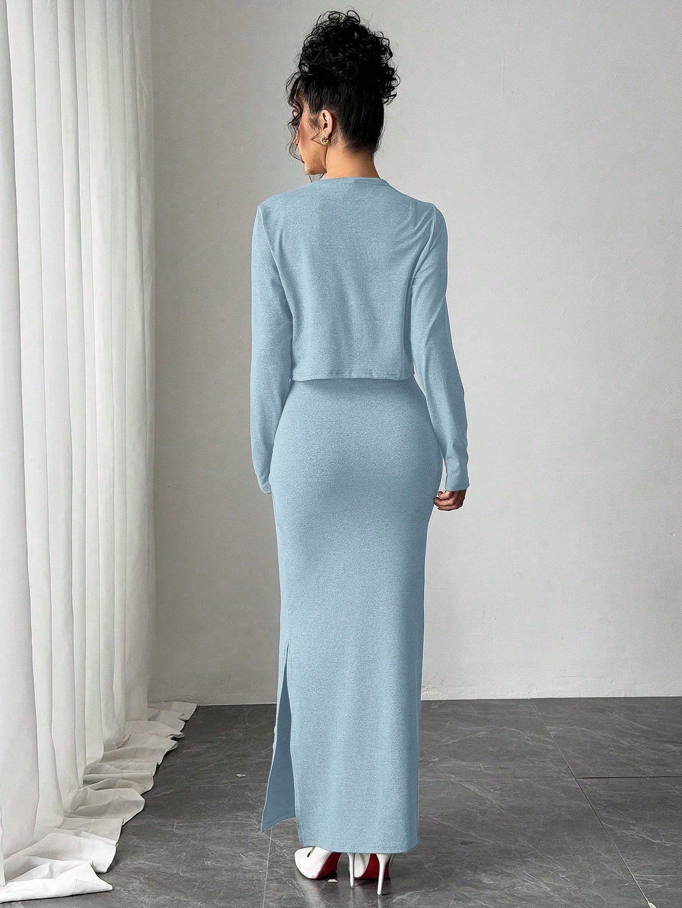 Elenzga Women Elegant Solid Color Jacket & Dress 2 Pieces Set