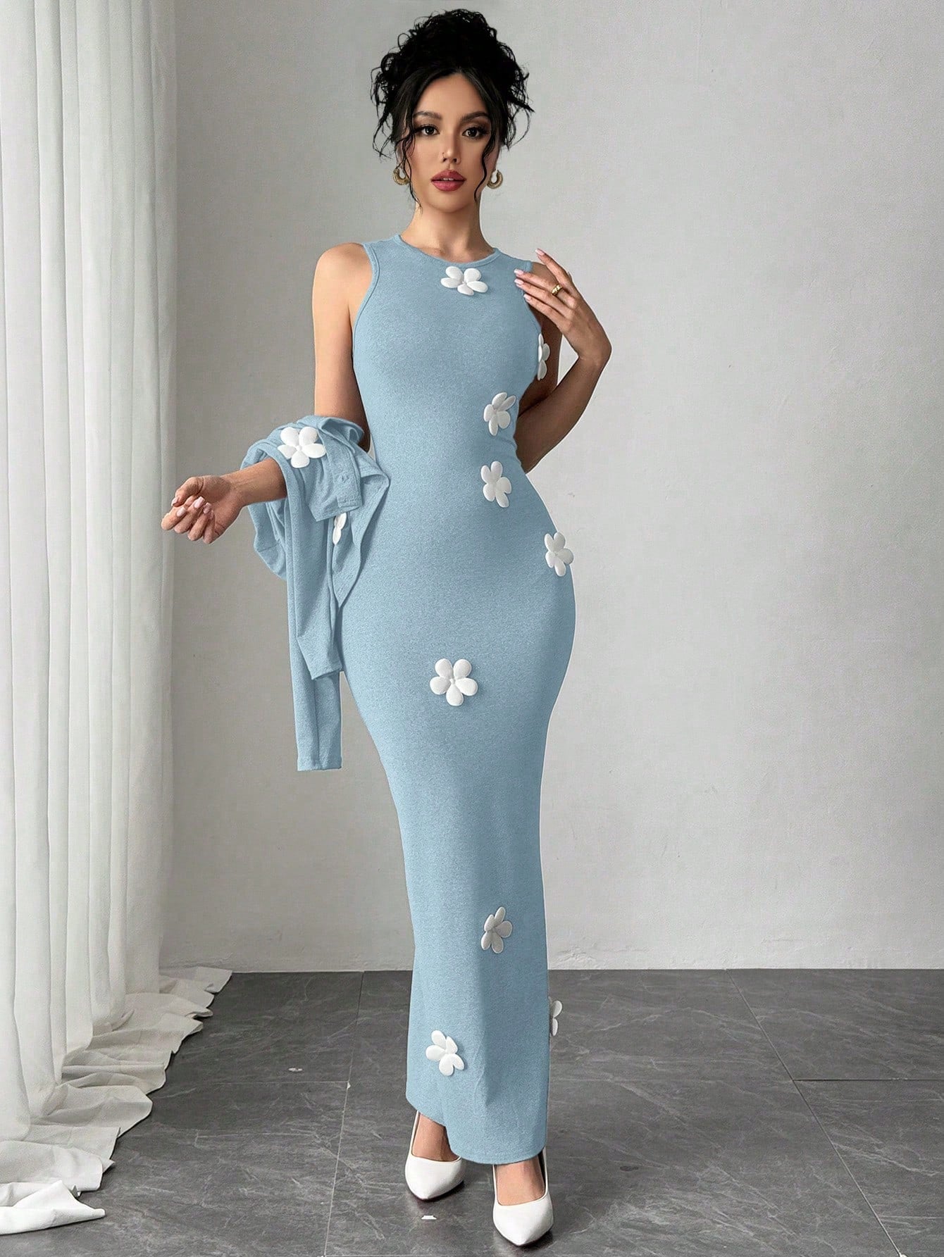 Elenzga Women Elegant Solid Color Jacket & Dress 2 Pieces Set