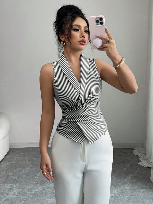 Elenzga Women's Sleeveless V-Neck Tie Waist Bow Elegant Blouse shein