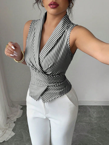 Elenzga Women's Sleeveless V-Neck Tie Waist Bow Elegant Blouse