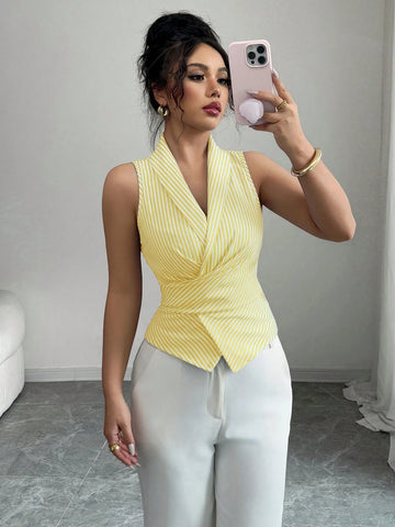 Elenzga Women's Sleeveless V-Neck Tie Waist Bow Elegant Blouse